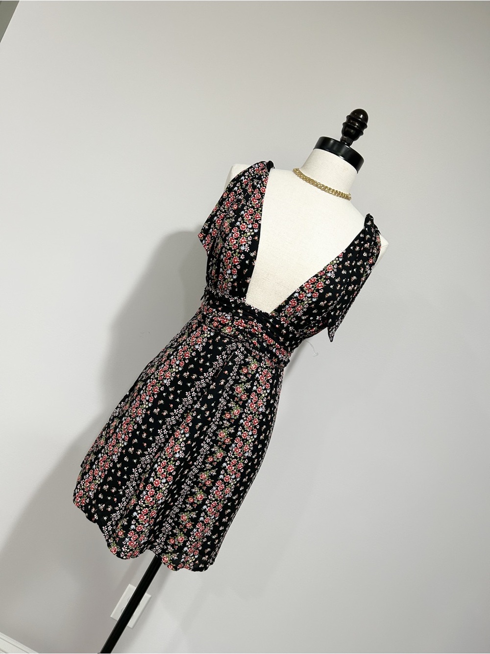Forever 21 Black Floral Wrap Mini Dress with Pink & White Blooms